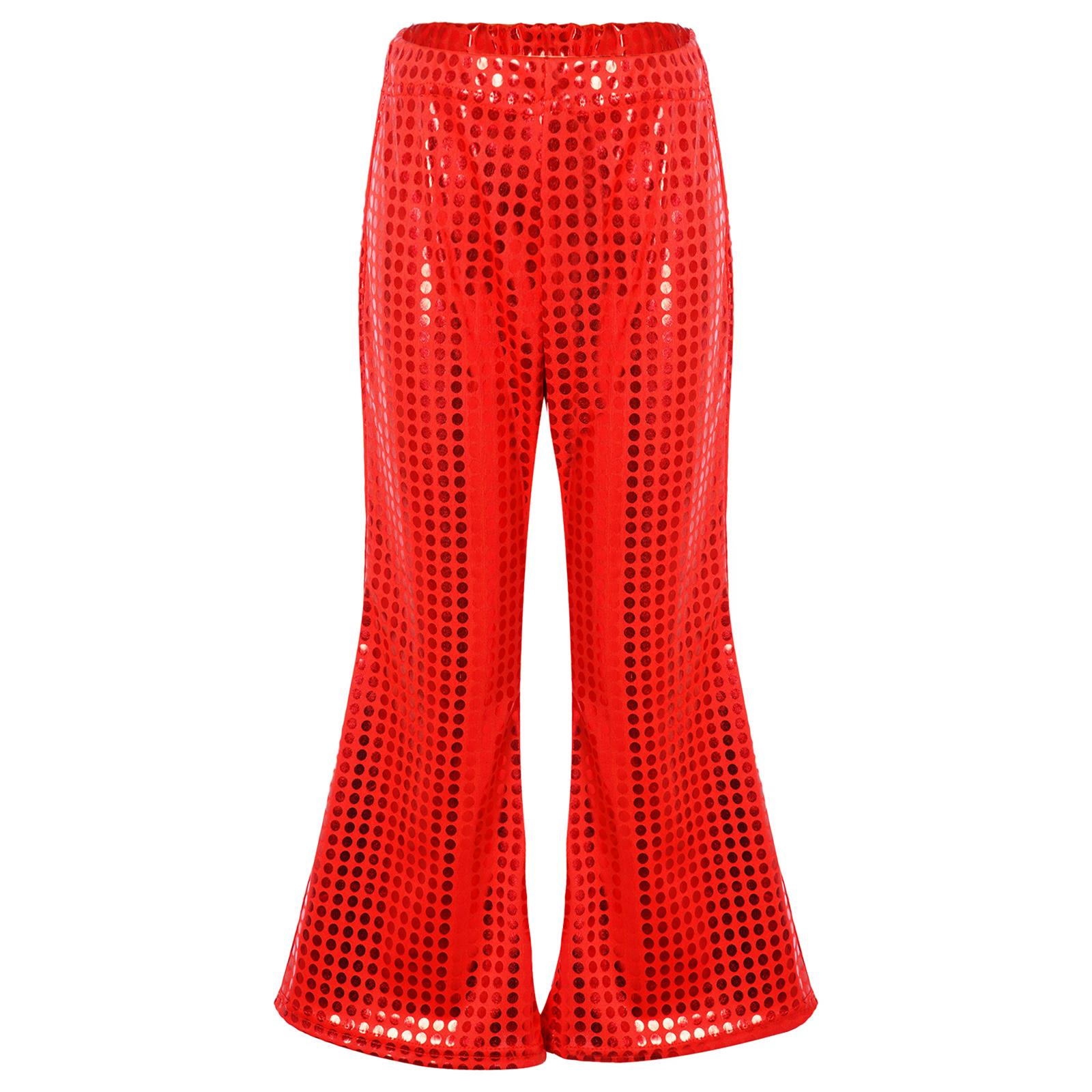 

Boys Girls Performance Pants Elastic Waistband Flared Design Shiny Sequins Stage Show Dance Wear 11-12 Years червоний