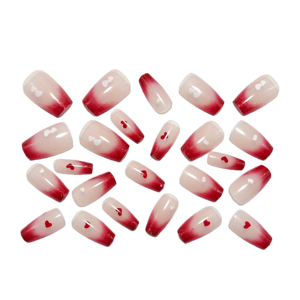 High-End French Gradient Press-On Nails with Glitter Hearts - Fashionable Nail Art Pieces