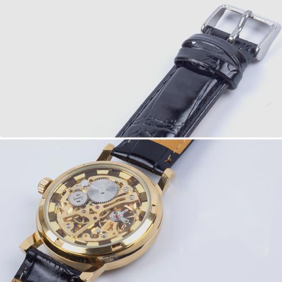 Herrenmode Luxus Skelettierte Hohlzeiger Rundes Zifferblatt Kunstlederarmband Armbanduhr