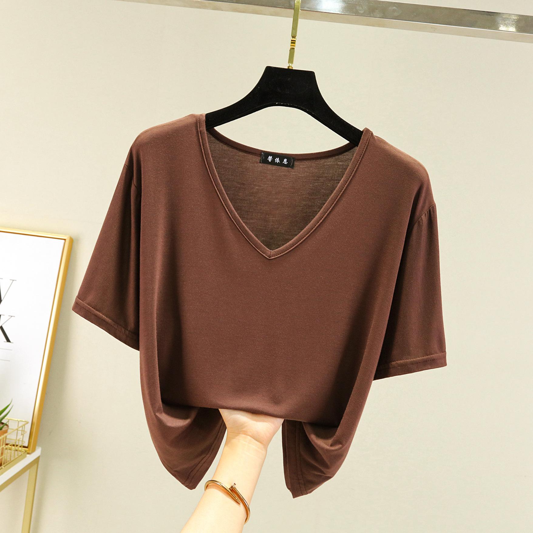 

Женская футболка из модала с v-образным вырезом и короткими рукавами, топы, летние повседневные футболки, однотонные свободные базовые футболки 2XL кофейный