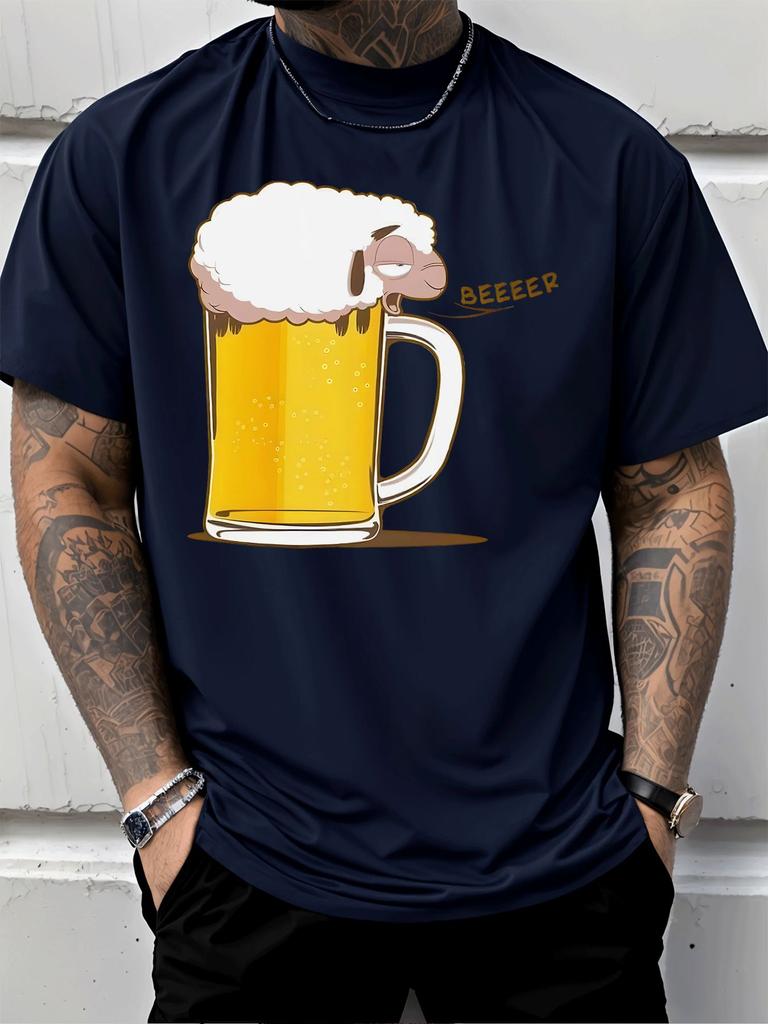 Unisexs Summer Crew Neck Short Sleeve T Shirt Funny Sheep Beer Mug Beeeeer Print White Tee Casual Party Daily Loose Fashion Top