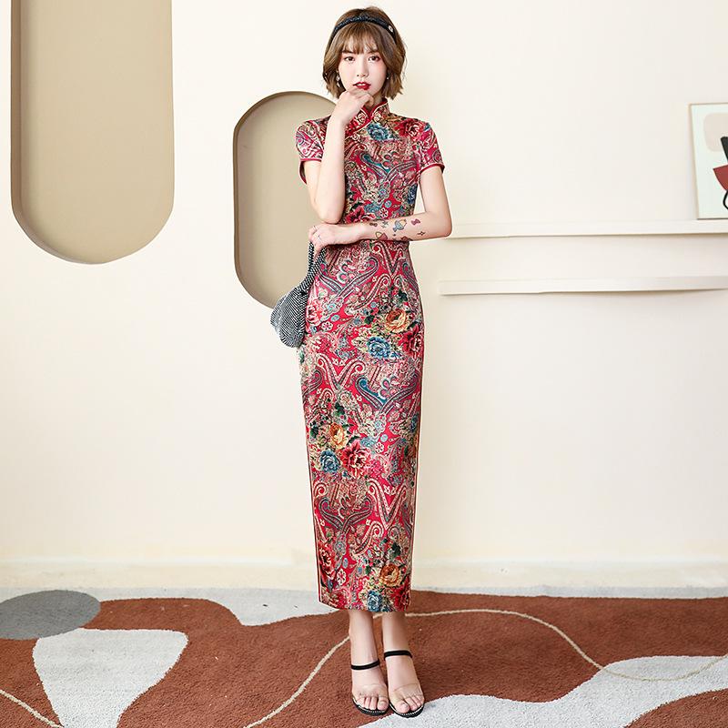 1011 New summer and autumn long cheongsam skirt women's dress slim-fit performance performance Chinese style satin