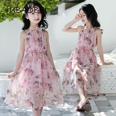 Girls Chiffon Dress for Summer Beach Clothes Children Strapless Suspender Pink Floral Elegant Fashion Dresses for Kids