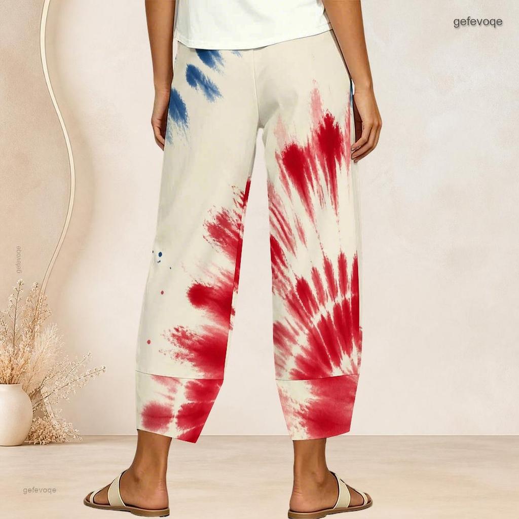 Women Plus Size Cross Hem Long Pants Burst Star Glitter Patriotic Print Loose Casual Trousers