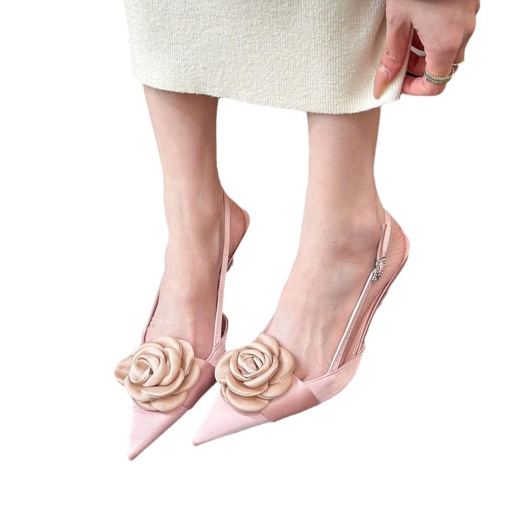 Fashion High-heeled Sandals Women's Summer Pointed-toed Stiletto Satin Rose High-end Heels Women