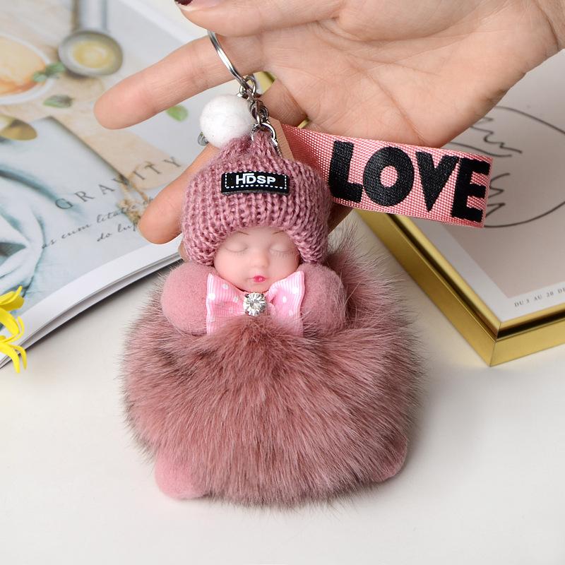 Pompom Sleeping Doll Keychain Cute Fluffy Plush Doll Keychains Women Girl Bags Keyrings Cars Key Ring Gift Charming Decoration