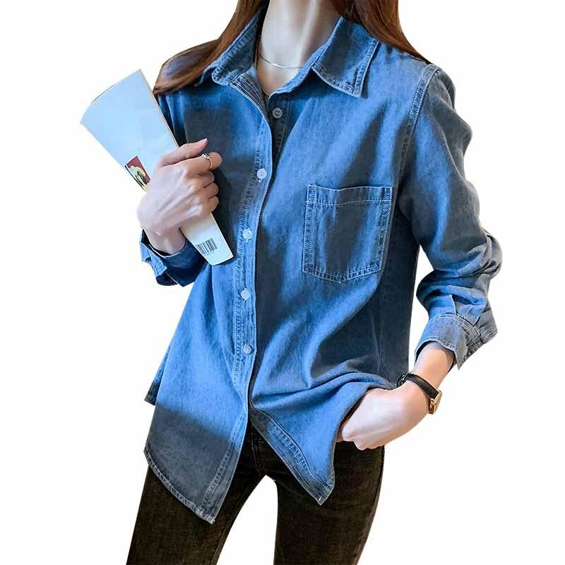 Cardigan ocazional, solid, largi, îmbrăcăminte pentru doamnă, cămăși albastre cu mânecă lungă, pentru femei, toamnă 2020, bluză de denim pentru femei, Bluze pentru femei 11967