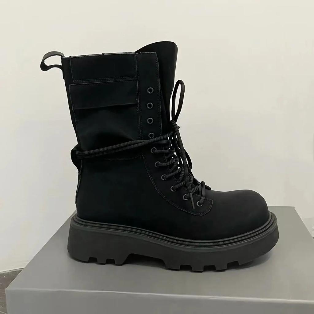 Fashion New Mid Calf Boots Women Autumn Winter Fashion Lace-up Ladies Chelsea Zipper Botas Mujer Boots Sports Platform Heel Ladies Shoes