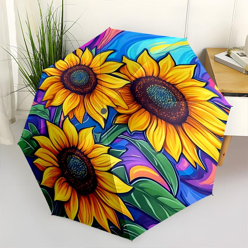 

1pc Automatic Opening Folding Umbrella with Sunflower Print, Portable 3-Fold Design, 8-Bone Iron Frame, Outdoor, Festive Gift for Fans, Travelers