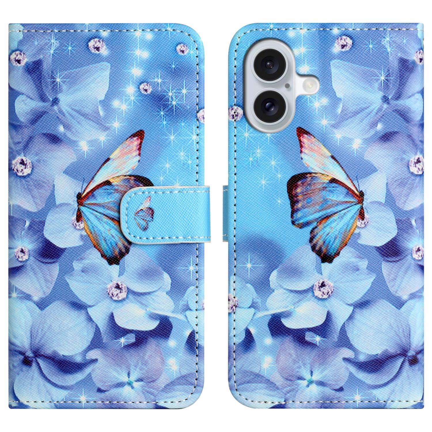 

For iPhone 17 Case Pattern Print PU Leather Wallet Phone Cover Cross Texture Flower and Butterfly