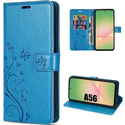 Case for Samsung Galaxy A56 5G - BOOLING - Anti-Scratch Synthetic Leather Blue Flower Butterfly Pattern