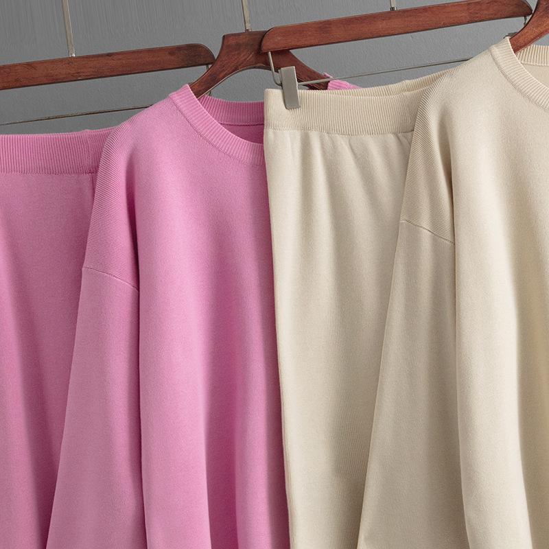 Fall Winter Lazy Wind Loose O-Neck Pulllover Sweater Suit Women's Solid Color Long Sleeve Knit Wide Leg Pants Two Piece Set