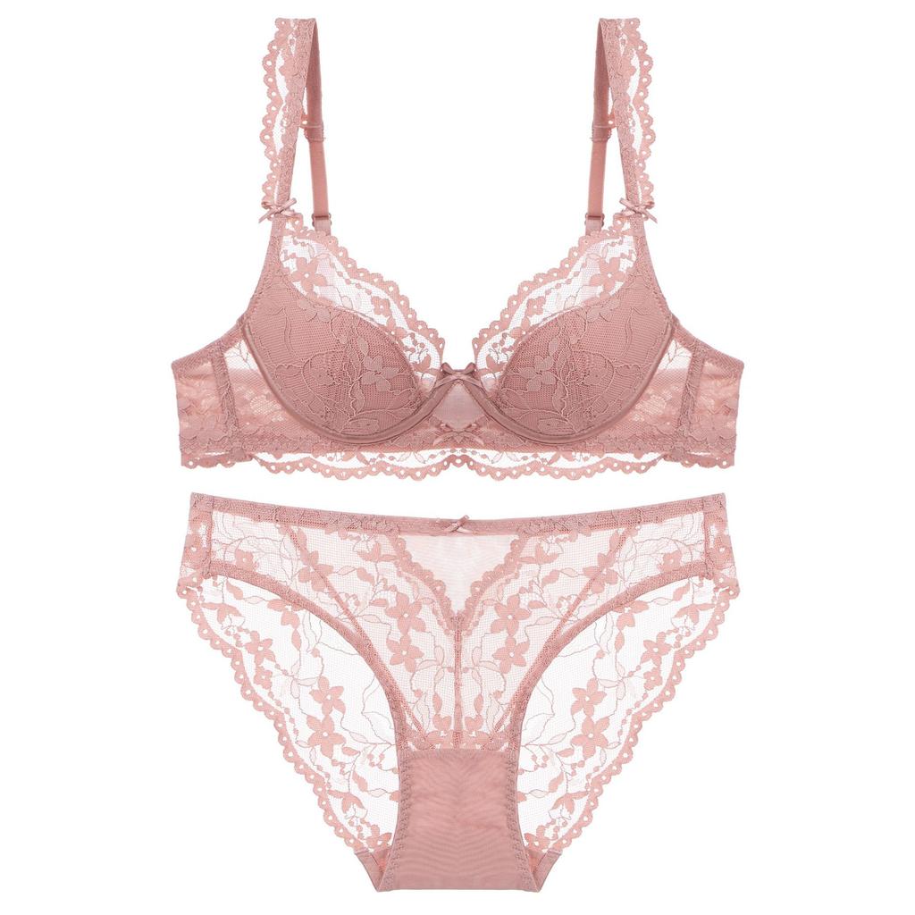 New Women Lace Flowers Embroidery Lingerie Set Sexy Hollow Thin Cup Push Up Bra Summer Comfort Underwear Adjustable Strap Bras