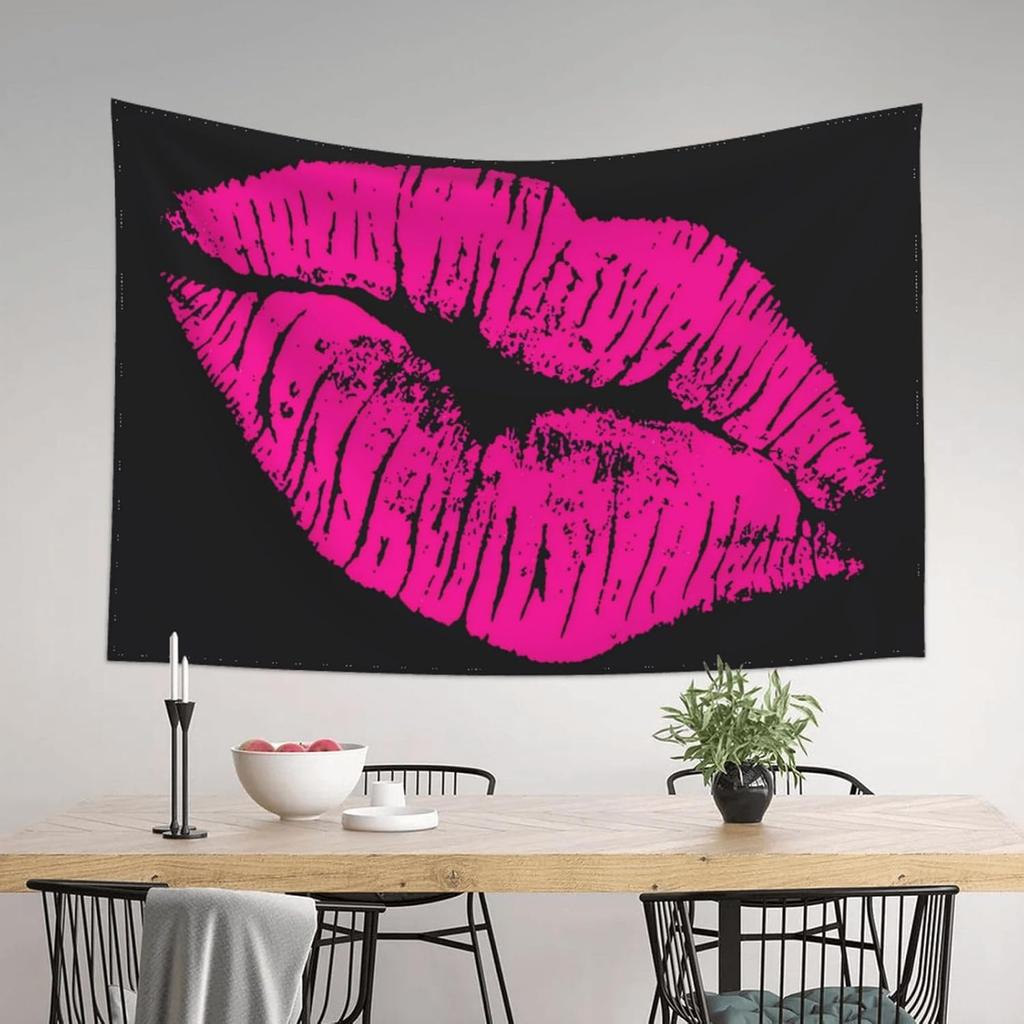 Aesthetic Pink Lips Tapestry Polyester Wall Hanging Art Boho Glam Decor Statement Banner for Modern Bedroom Living Room Apartmen