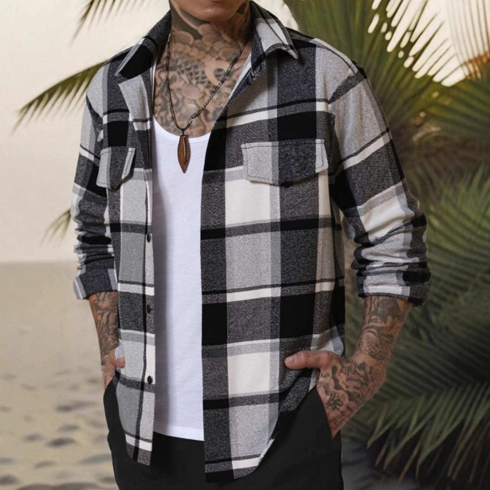 Men s Casual Long-Sleeve Shirt - Plaid Turn-Down Collar Double-Pocket Button-Down Versatile Dress Shirt M