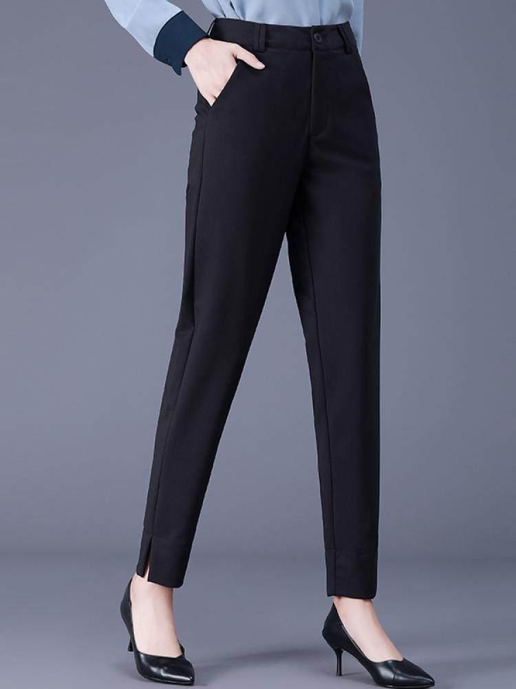 Women's High-Waisted Slim Khaki Pants - Plus Size, Straight Fit, Casual for Spring & Autumn, Middle-Aged