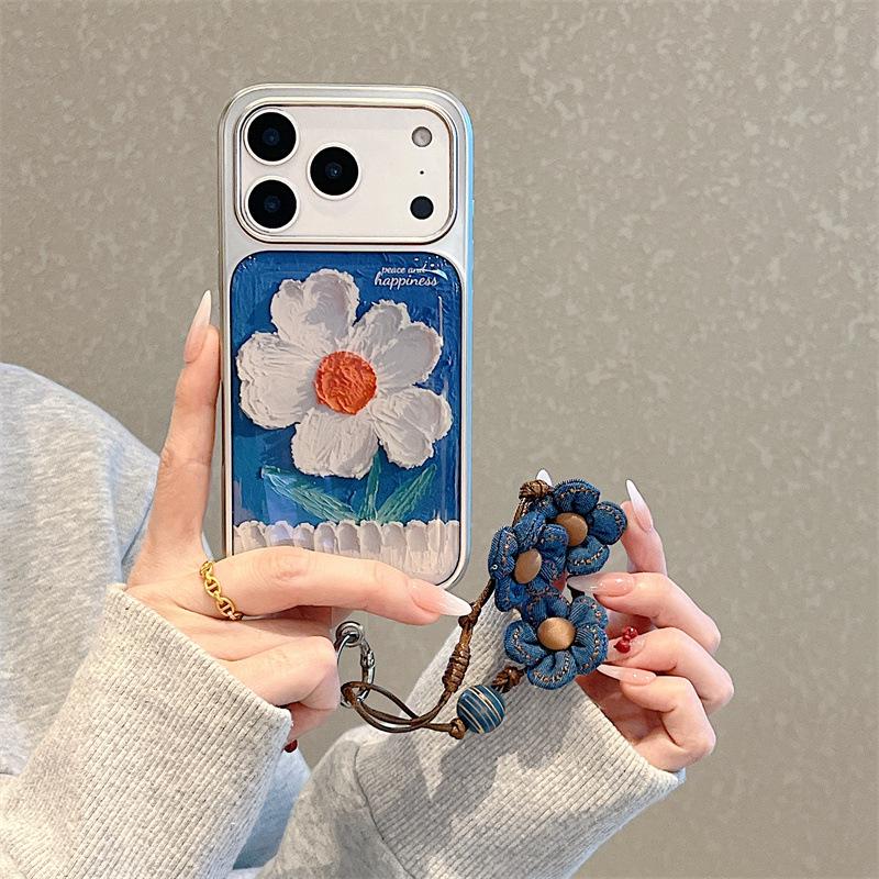 Floral Oil Painting Phone Case for iPhone 17/16 Pro Max/15/14 - Fresh Light Blue Design