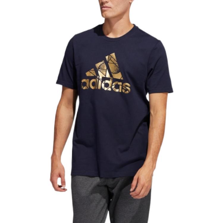 Adidas Gold Logo Printed Round Neck Sports Short Sleeve T-Shirt Men T-Shirt Dark-Blue HE4790