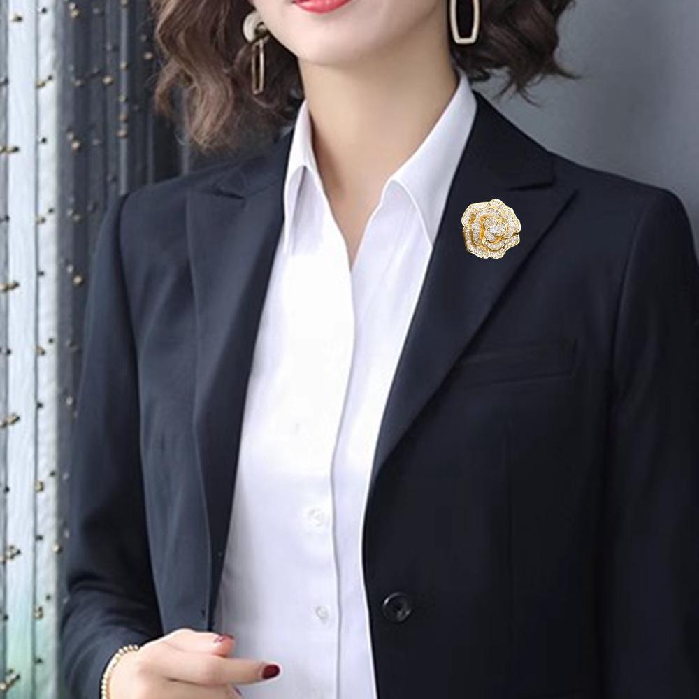 Camellia Brooch: Zircon-Inlaid Luxury Lapel Pin for Women