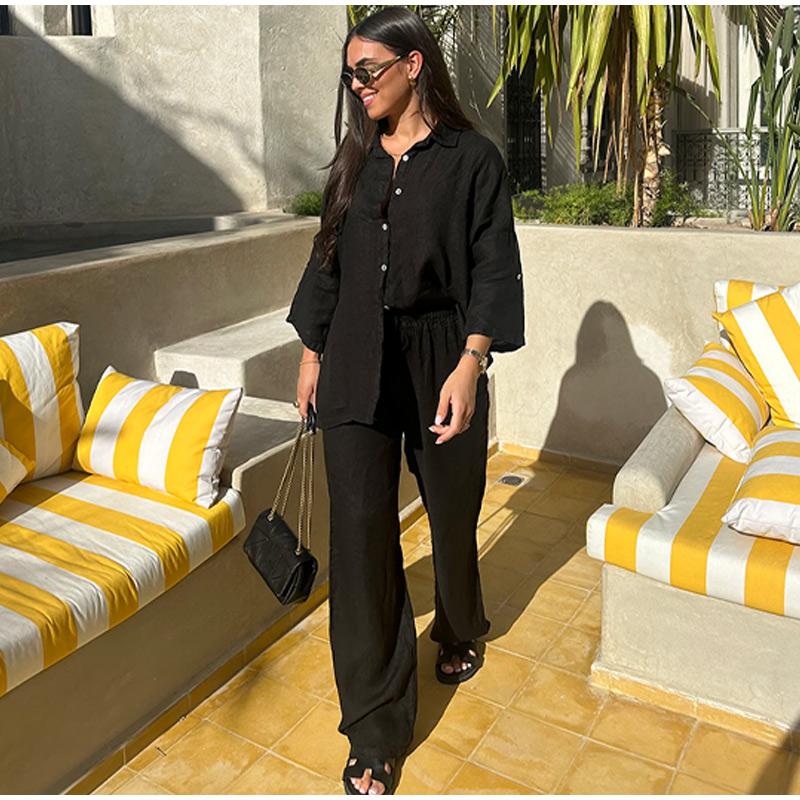 Women's Suit Solid Color Cotton Linen Two Piece Set Spring Summer Fashion Button Shirt + Pants Sets Casual Loose Style 2 Piece Outfit