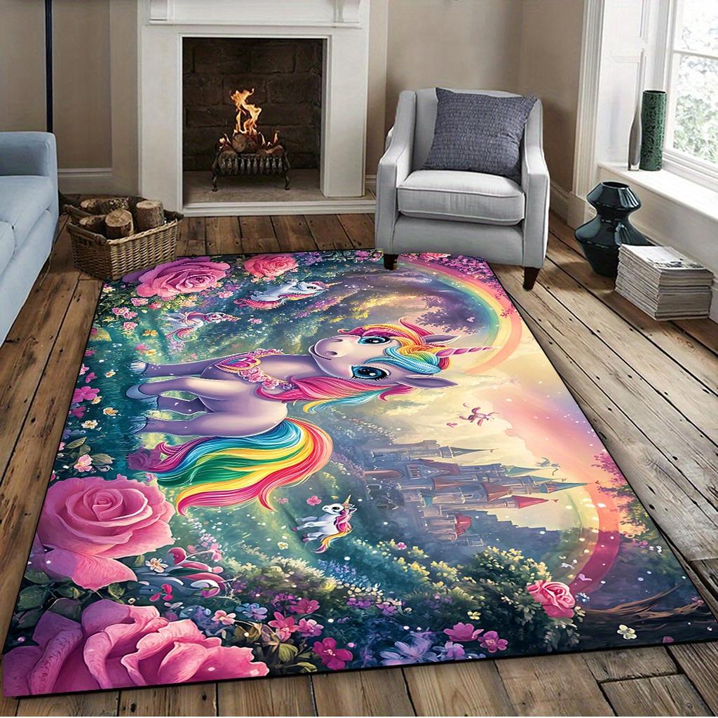 Product 1pc Rainbow Unicorn Pattern Printed Mat,Indoor Area Decorative Mat,Table and Chair Anti-Slip Mat,Outdoor Camping Mat,Non-Slip,Hair-F