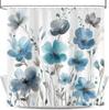 Blue Floral Shower Curtain, Boho Watercolor Botanical Flowers Design Shower Curtain for Bathroom, Natural Teal Gray Plant Decor