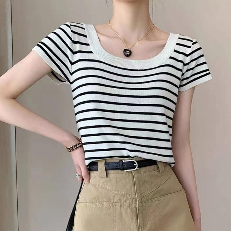U-neck Striped Ice Silk Sweater Short-sleeved Women's Pullover Summer Versatile Short Contrasting Base Shirt