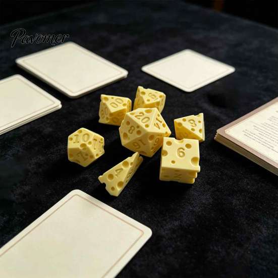 PLA Game Dice 7Pcs 3D Printed Cheese Set, D4/6/8/10/12/20 Multi-side Gaming Dice, Role Playing Polyhedral for Family Night Party Board Collection Set
