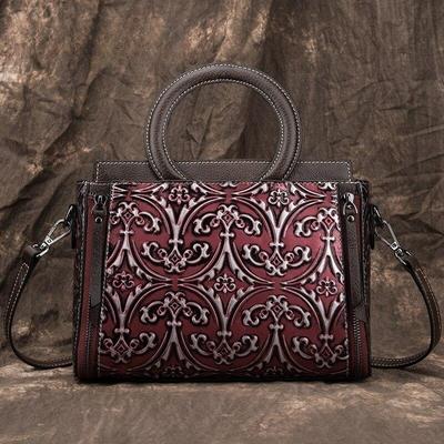 Bolso de lujo de cuero genuino Retro para mujer, bolso hecho a mano con estampado Floral de piel de vaca, bolsos de hombro y bandolera