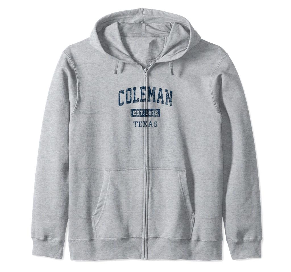 Coleman Texas TX Vintage Sports Establishment Navy Design Zip Hoodie