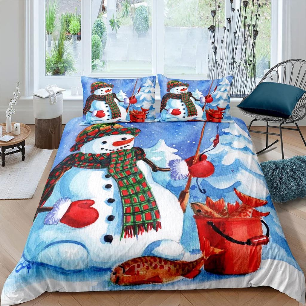 Kids Cartoon Snowman King Queen Duvet Cover Winter Quilt Cover White Snowflake Christmas Bedding Set Polyester Comforter Cover