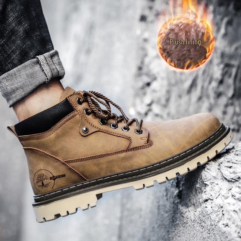 Men's Fleece-Lined Martin Boots, High-Top Leather Work Boots, Non-Slip, British Casual, Wear-Resistant, Large Sizes Available