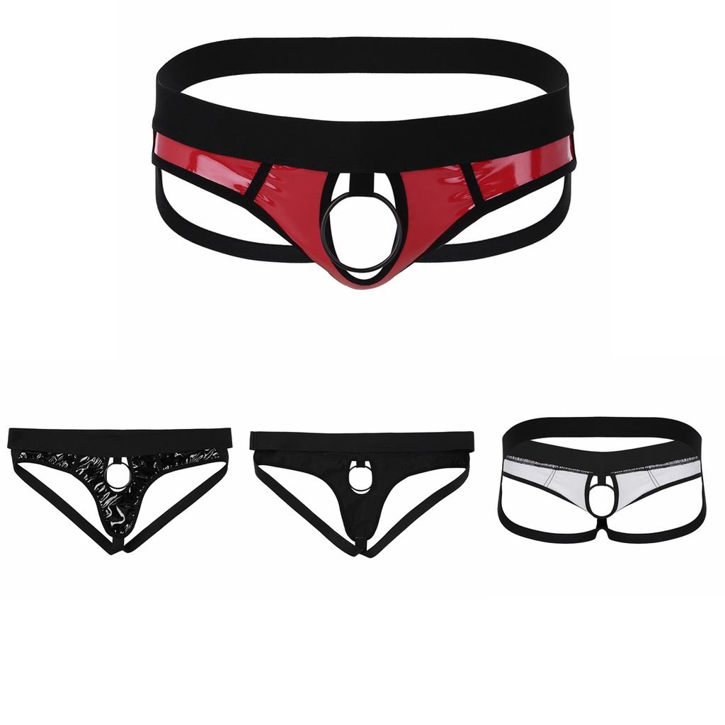 Herren-Dessous, Kunstleder, aushöhlen, Jockstrap, niedriger Bund, Bikini, Tanga, Unterwäsche mit Metall-O-Ring