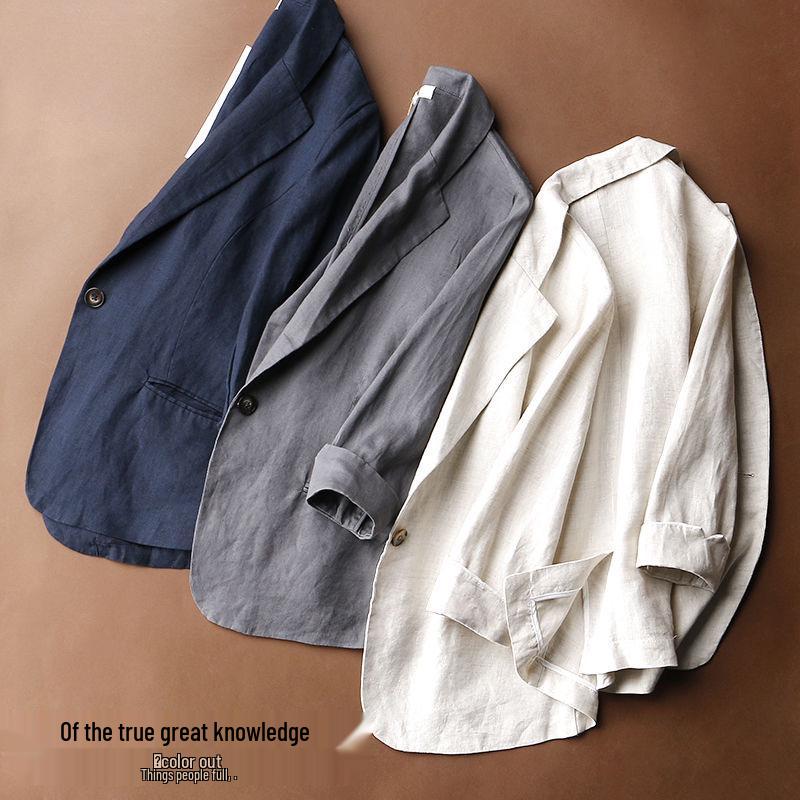 Plus Size Women's Light Luxury Cotton Linen Jacket, 2025 Spring/Autumn, Three-Quarter Sleeves, Solid Color, Loose Fit.