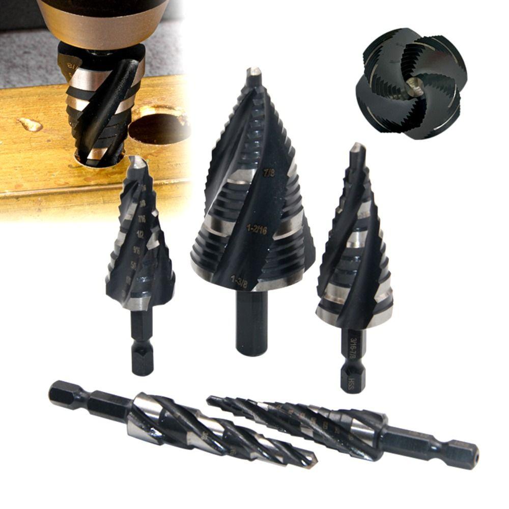 With 1/4" Hex Shank Step Drill Bit Four Spiral Flute Wood Metal Hole Opener Punch Holes Drill Bit