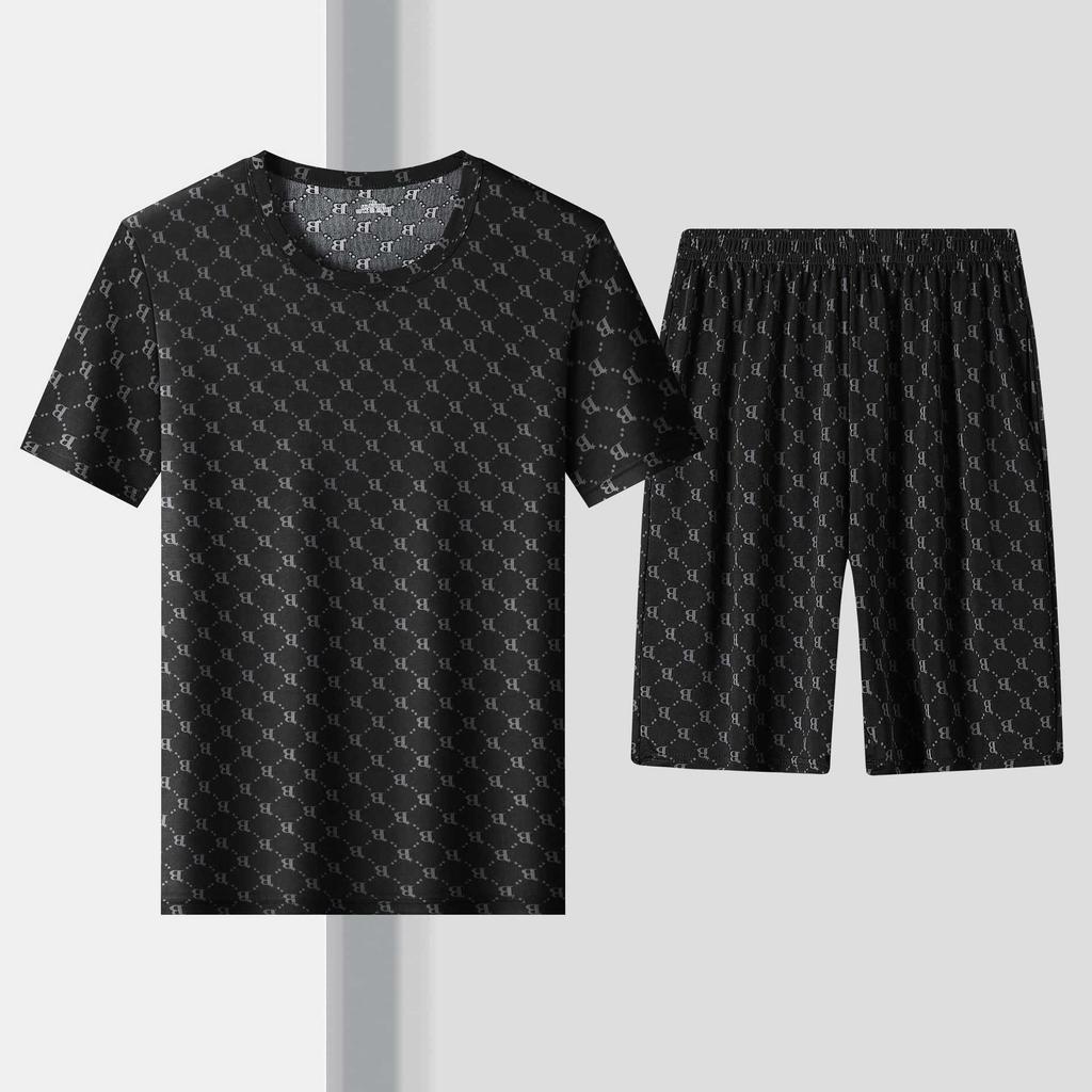 Herren Sommer Eis Seide Buchstaben B Print T-Shirt und Shorts Set - Leicht, Weich, Bequem, Kurzarm.