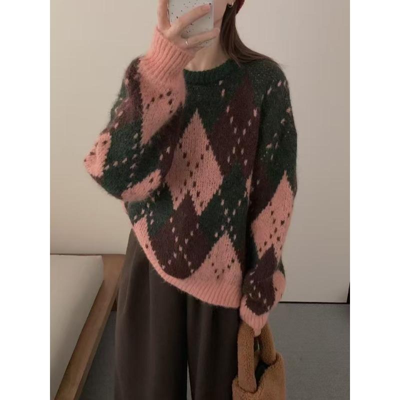 Vintage diamond Christmas knitted pullover sweater women's autumn and winter loose high-end casual round neck lazy wind knitted sweater women