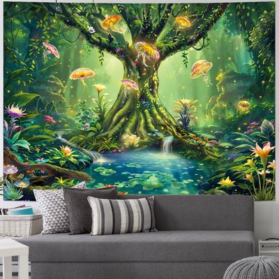Green Nature Tree Tapestry Fantasy Foresty Tapestry Blacklight Jellyfish Wall Hanging UV Reactive Tree of Life Tapestries Trippy