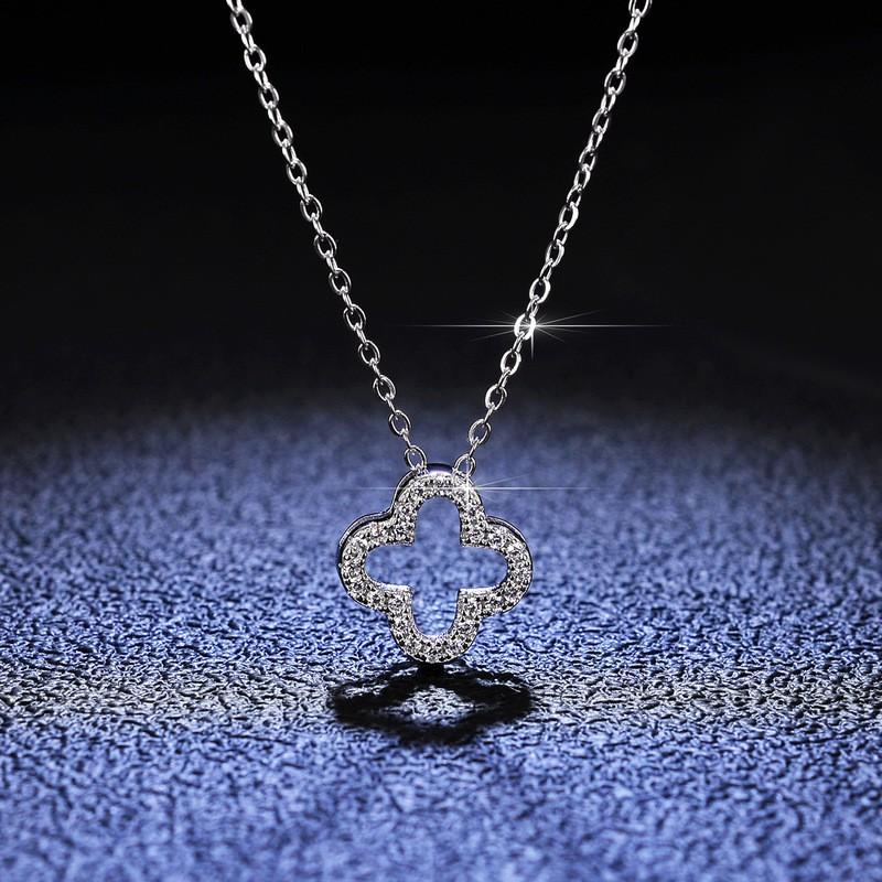 Sterling Clover Flower Pendant Necklace With Moissanite Stone Adjustable Snake Chain Women 925 Sterling Silver