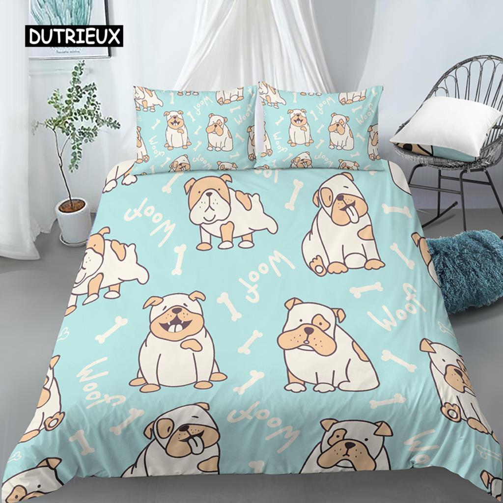 Ensemble Housse de Couette Chien Dessin Animé Imprimé Carlin Drôle Ensemble de Literie King Size pour Enfants Garçons Filles Thème Animal 2/3 pièces Housse de Couette Twin