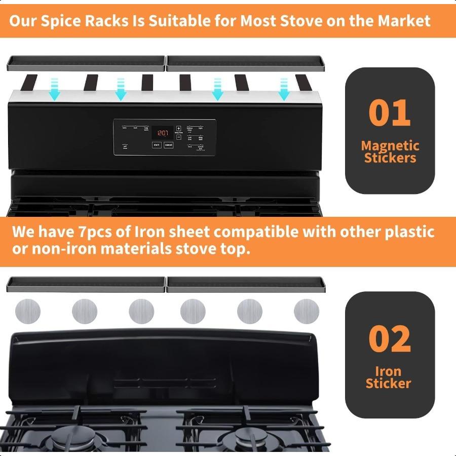 30" Magnetic Stove Top Shelf Spice Rack Storage Silicone Top Heat Material Stove Rack Shelf Flexible Seasoning Organizer Kitche