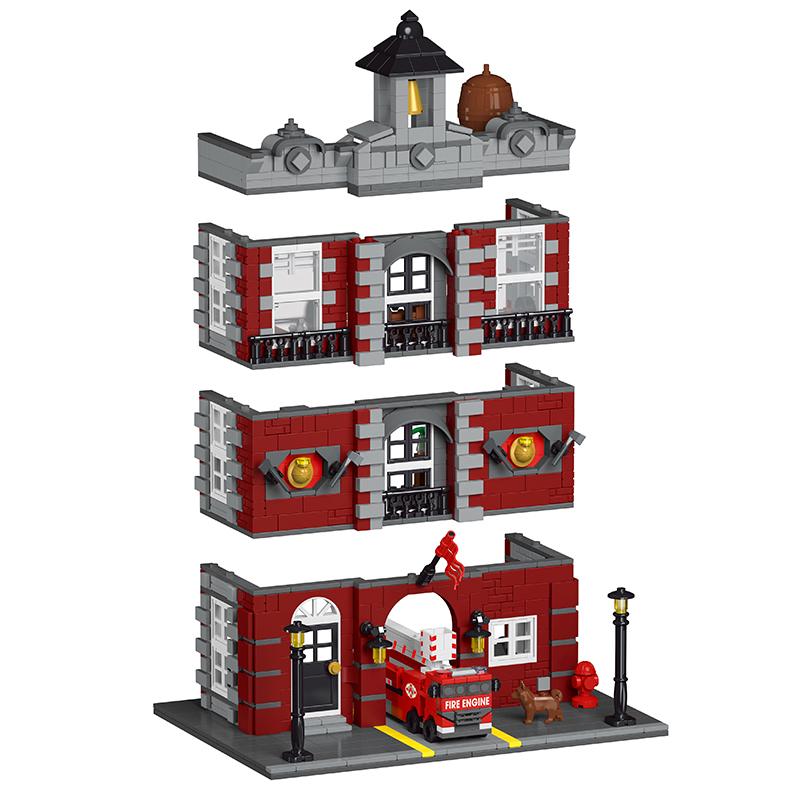 1823Pcs Moc European Architecture Retro Fire Station Model City Street Scene Diy House Building Block Children'S Puzzle Toys