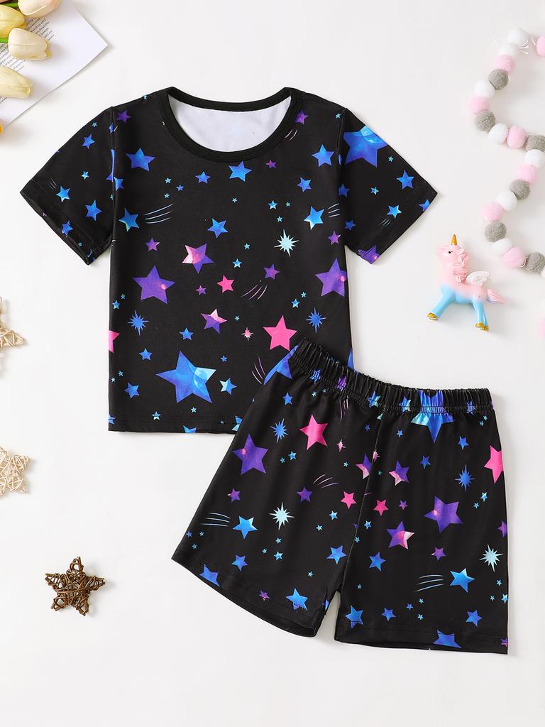 Cool Starry Sky and Meteor Print Children's Short-Sleeve Shorts Two-Piece Set, Round-Neck Loose Short-Sleeve Top Paired with Casual Shorts