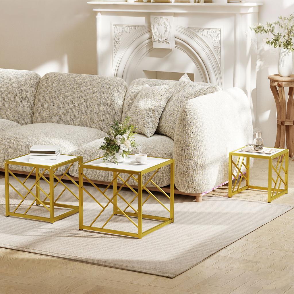 Nesting Coffee Tables, Set of 3 Square Side Tables with Black Metal Frame, for Living Room, Bedroom and Office, White