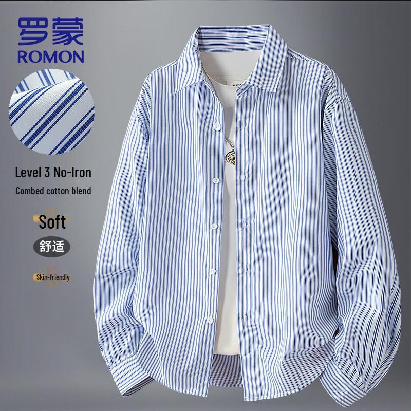 ROMON Men s Striped Long-Sleeve Casual Shirt L