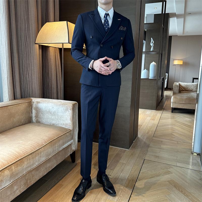 Men's Striped Double-Breasted Slim-Fit Business Casual Suit