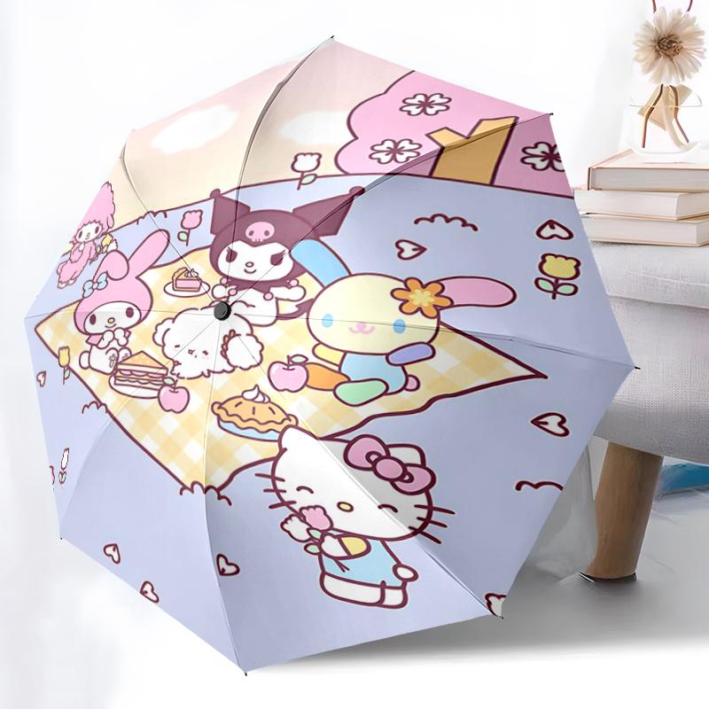 

1pc Hello Kitty & Friends Picnic with Cherry Blossom Print - Automatic Opening Umbrella, Portable Folding Design, 8-Bone Iron Frame Outdoor Umbrella,