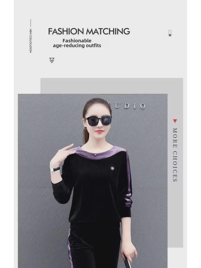 Costum Sport Damă Catifea Aurie: Set elegant, casual din două piese pentru primăvara și toamna 2024