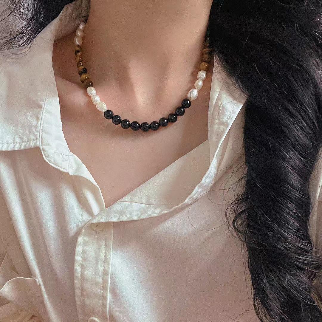 

Vintage Maillard Wind Natural Tiger S Eye Stone Black Agate Baroque Freshwater Pearl Necklace Clavicle Chain
