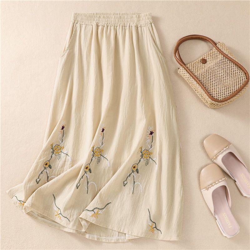 Embroidered Cotton Linen A-line Skirt - High Waist, Wide Hem, Casual Fit